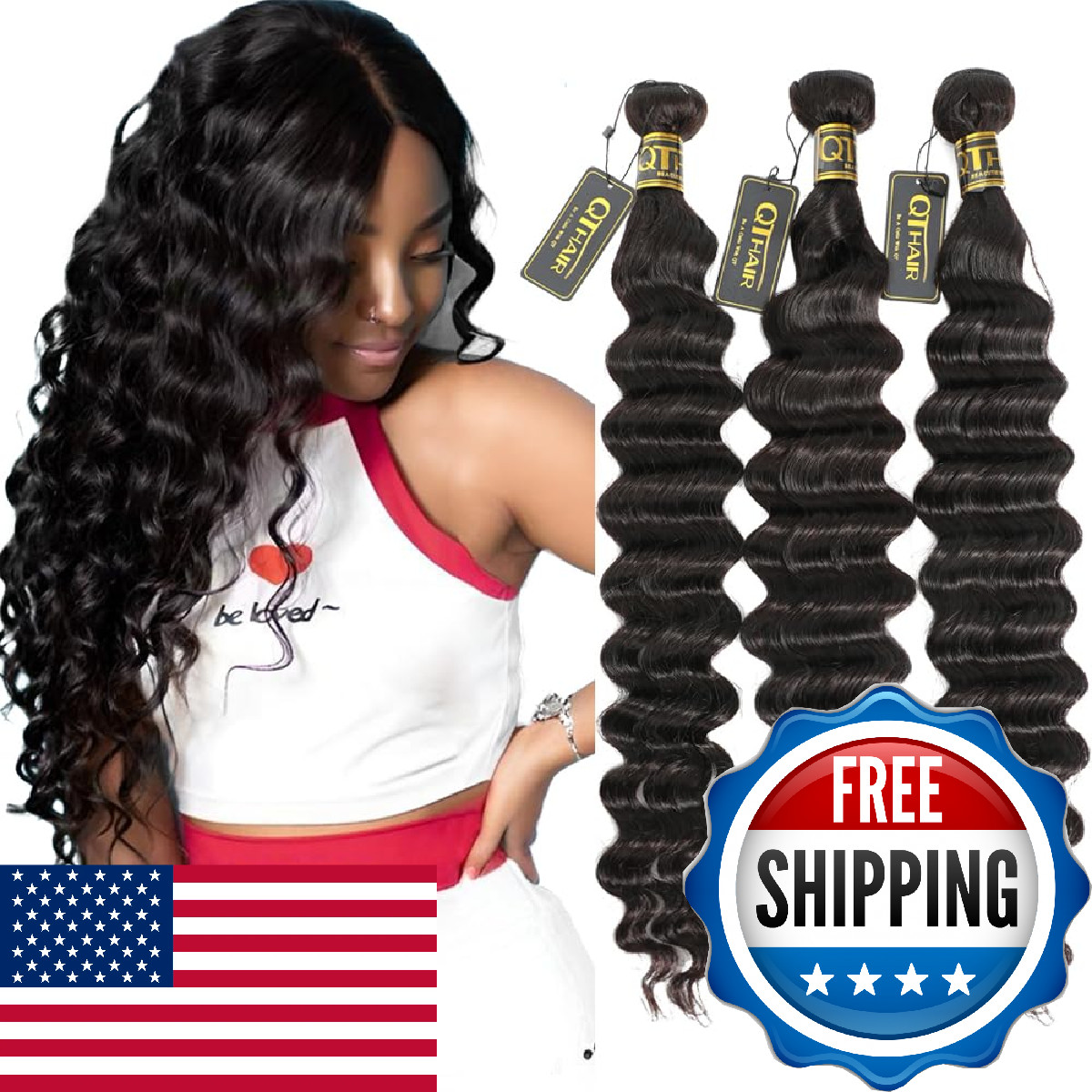 Qthair 18A Brazilian Virgin Hair Loose Deep Wave Human Hair Bundles 100