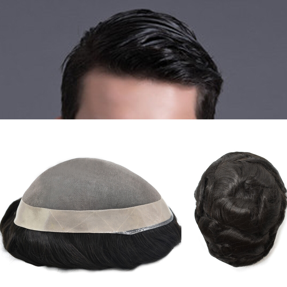 Mens Human Hair Replacement System Hairpiece Fine Mono Poly Skin Mens Toupee Wig
