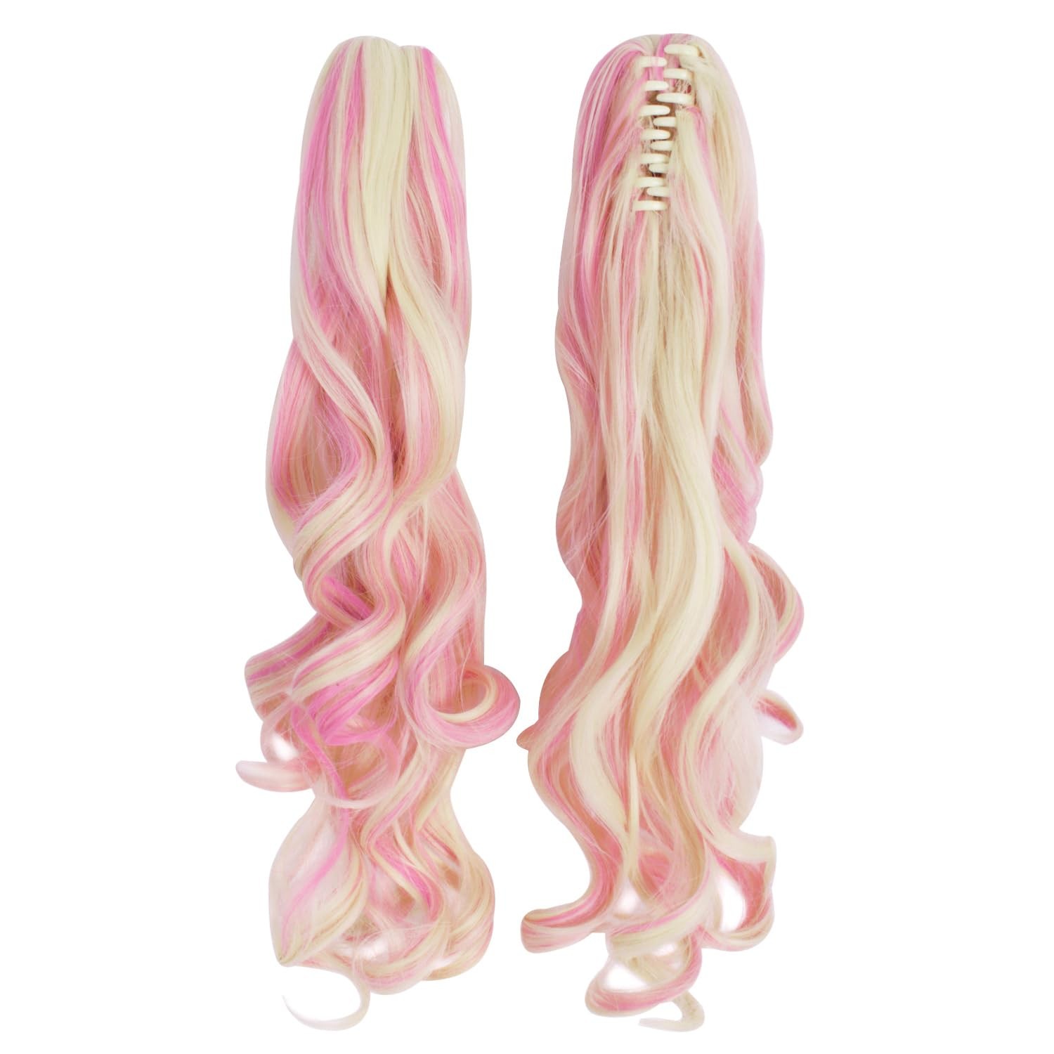 MapofBeauty Multi-color Long Curly Clip on Ponytails Cosplay Wig (Blonde/Pink)