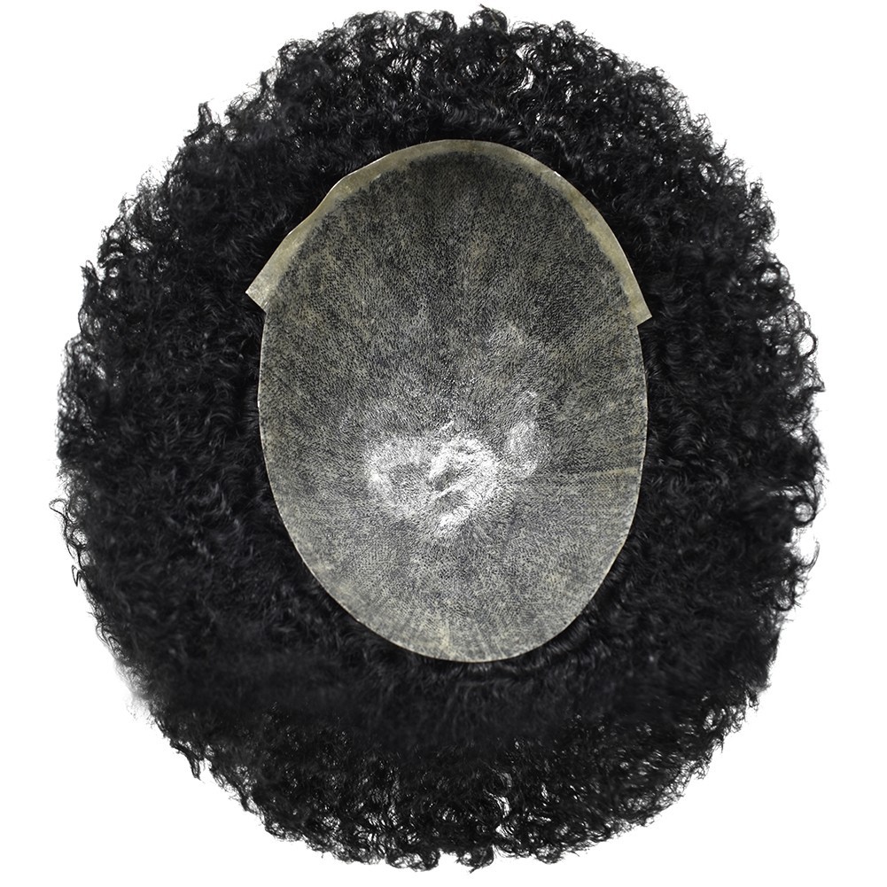 Afro Curl Mens Toupee Full Poly Skin Pu African American Hair System Replacement