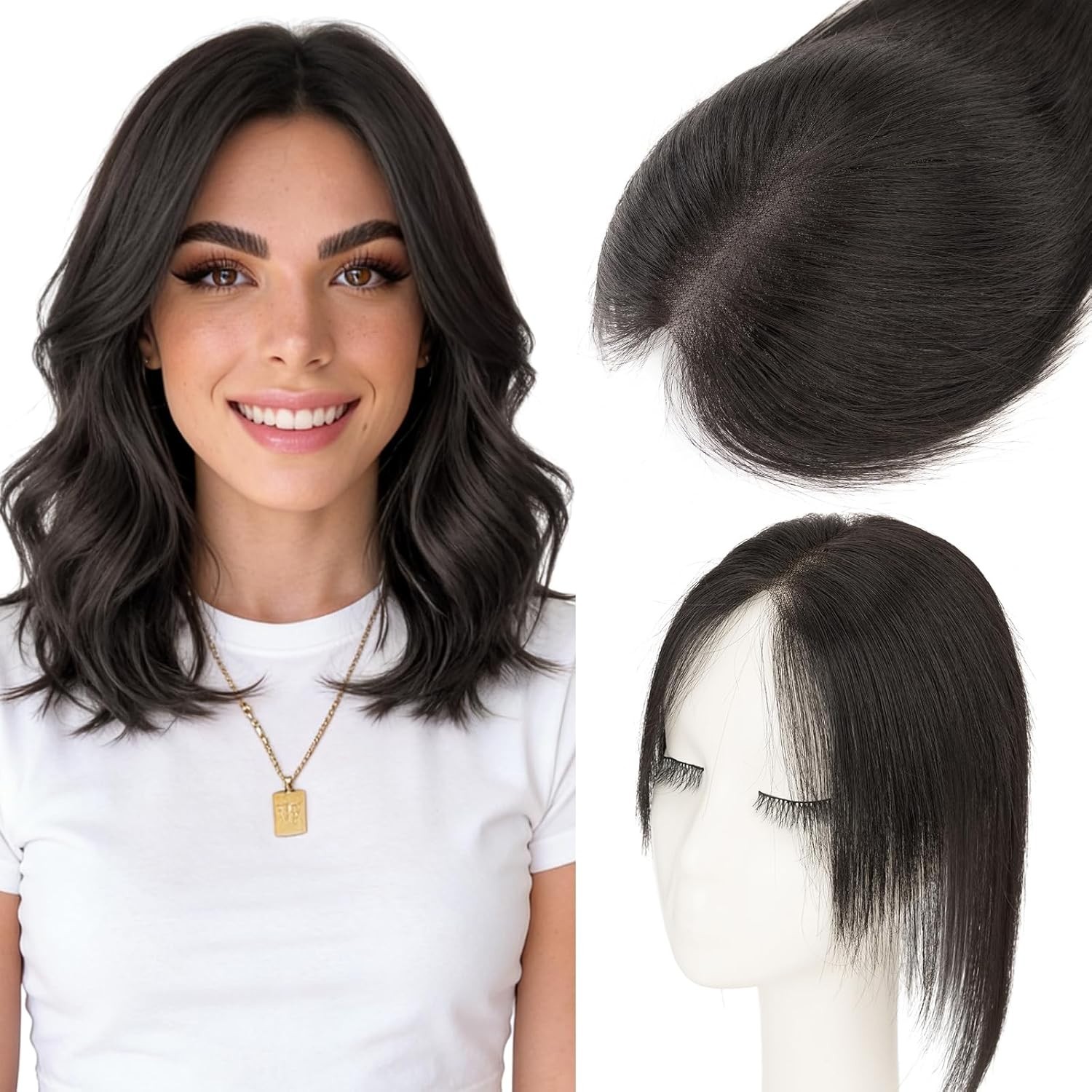 Human Hair Topper For Women Wispy Thin Short Wiglet 12 inch #1B Natural Black