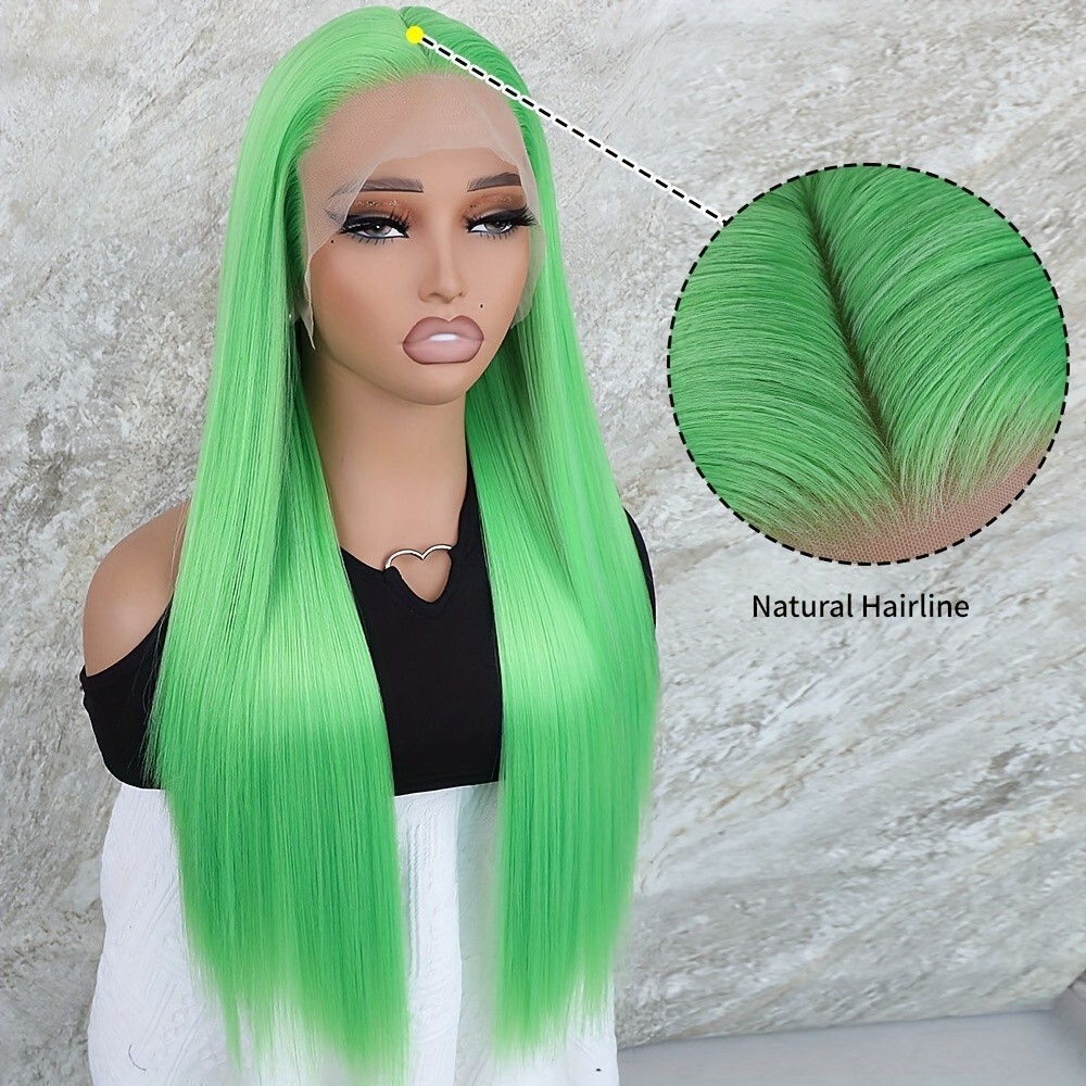 Women Long Straight 13×4 Frontal Lace Wigs Synthetic Hair Heat Resistant Green