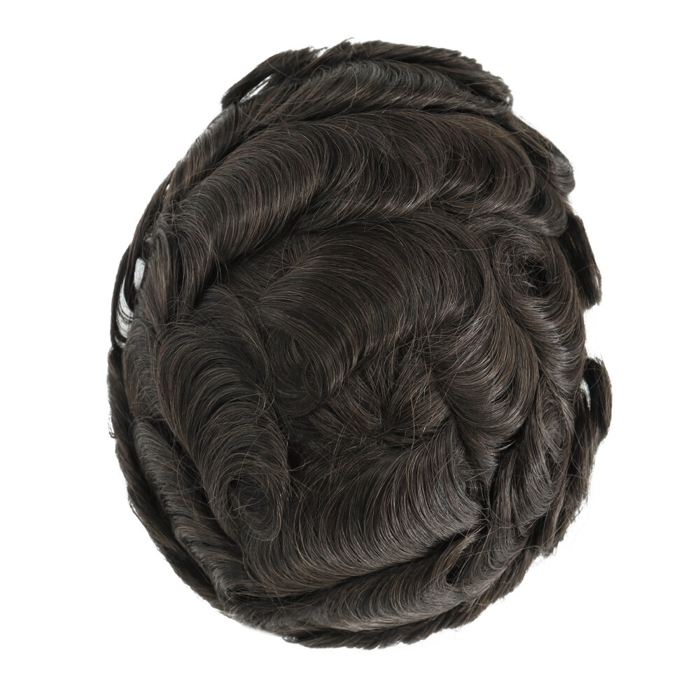 Mens Toupee Human Hair Replacement System Durable Skin Black Grey Hairpiece 8×10