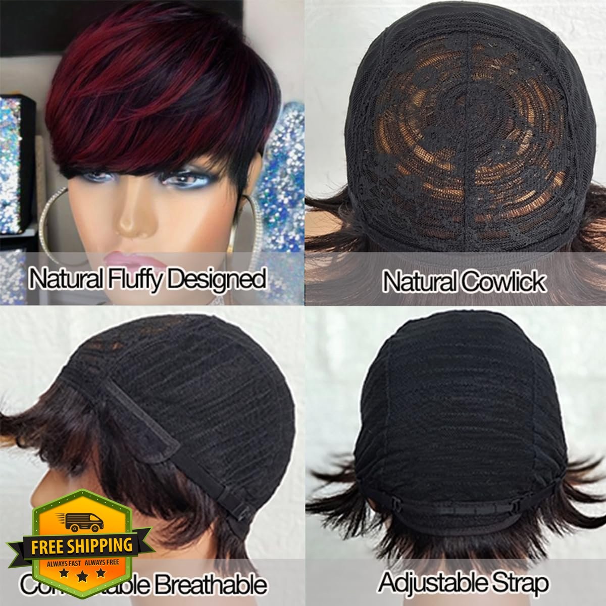 Adette Pixie Cut Wig Burgundy Highlight 1B/99J Virgin Human Hair