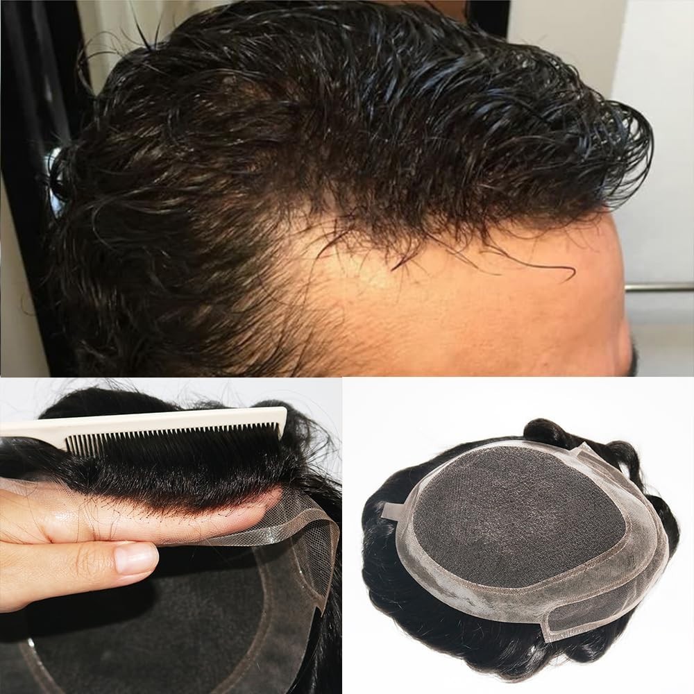 Natural Hairline Toupee French Lace with Pu Human Hair Wig System Bleached knots