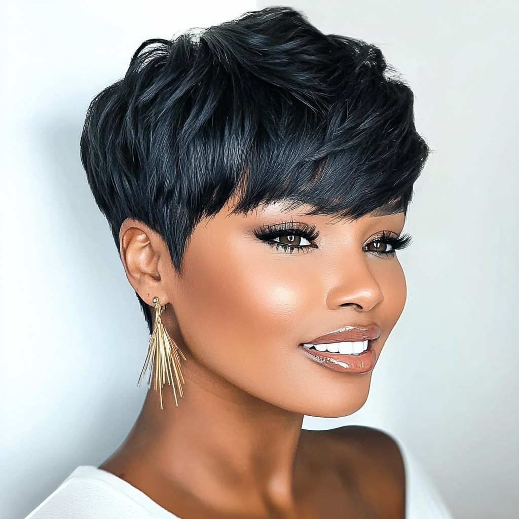 BOBCOO Pixie Cut Short Wig For Black Women Pixie Cut Wig Short Black Layered …