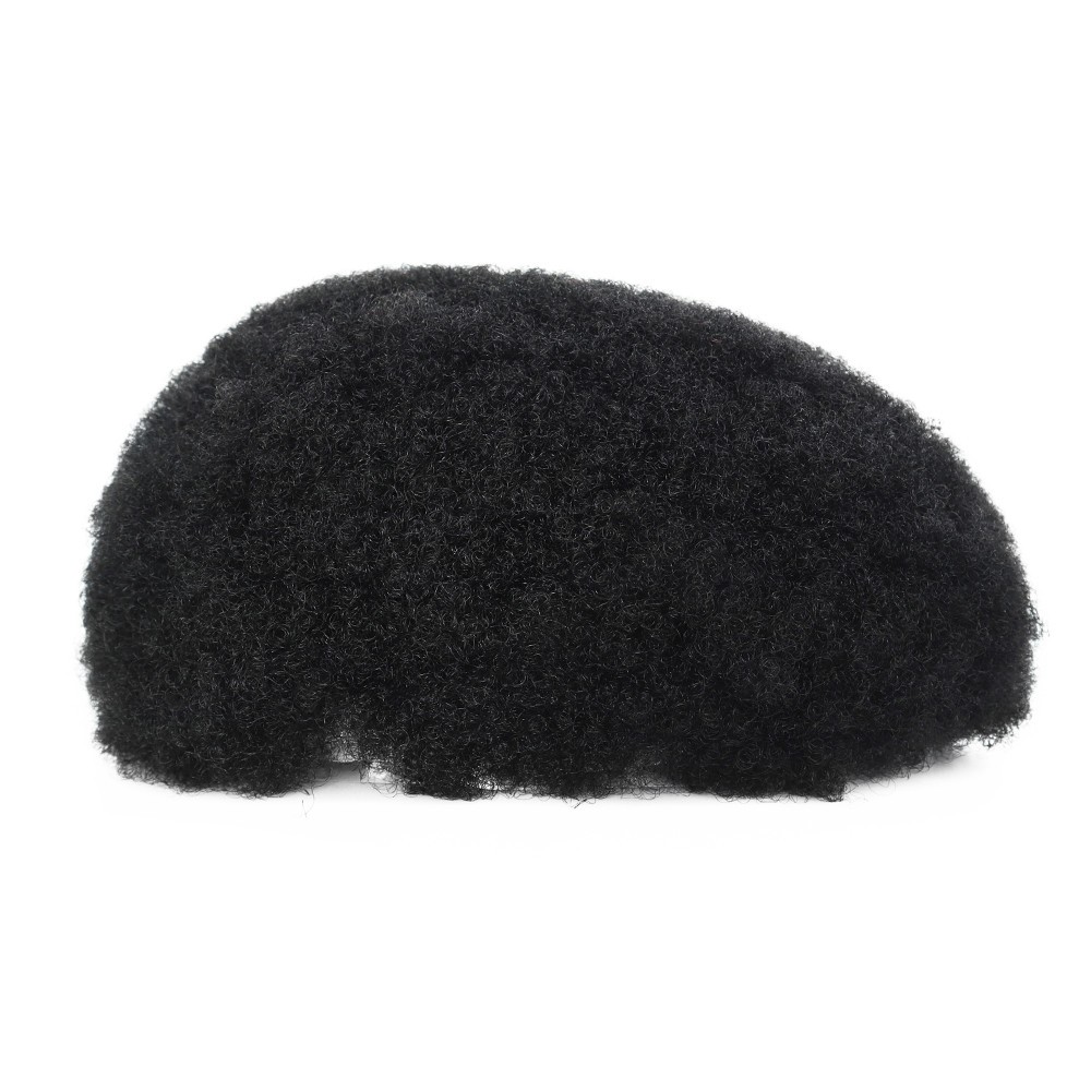 Mens Toupee Human Hair Afro Curl 4mm Full Lace Wig for Men Black Hair System #1B