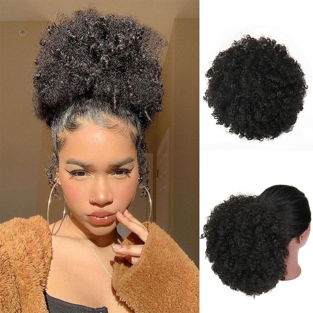100% Human Hair Afro Curly Puff Drawstring Ponytail Extension Clip In On Bun