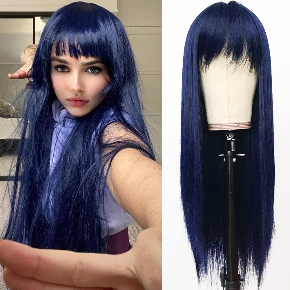 Cute & Pretty Dark Blue Wig with Wispy Bangs, Natural Look