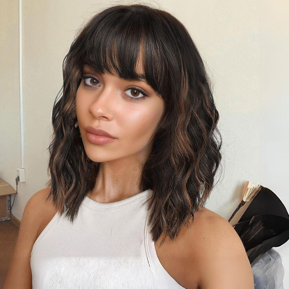 Short Black Brown Highlight Wigs With Bangs Natural Wavy Hair Wigs