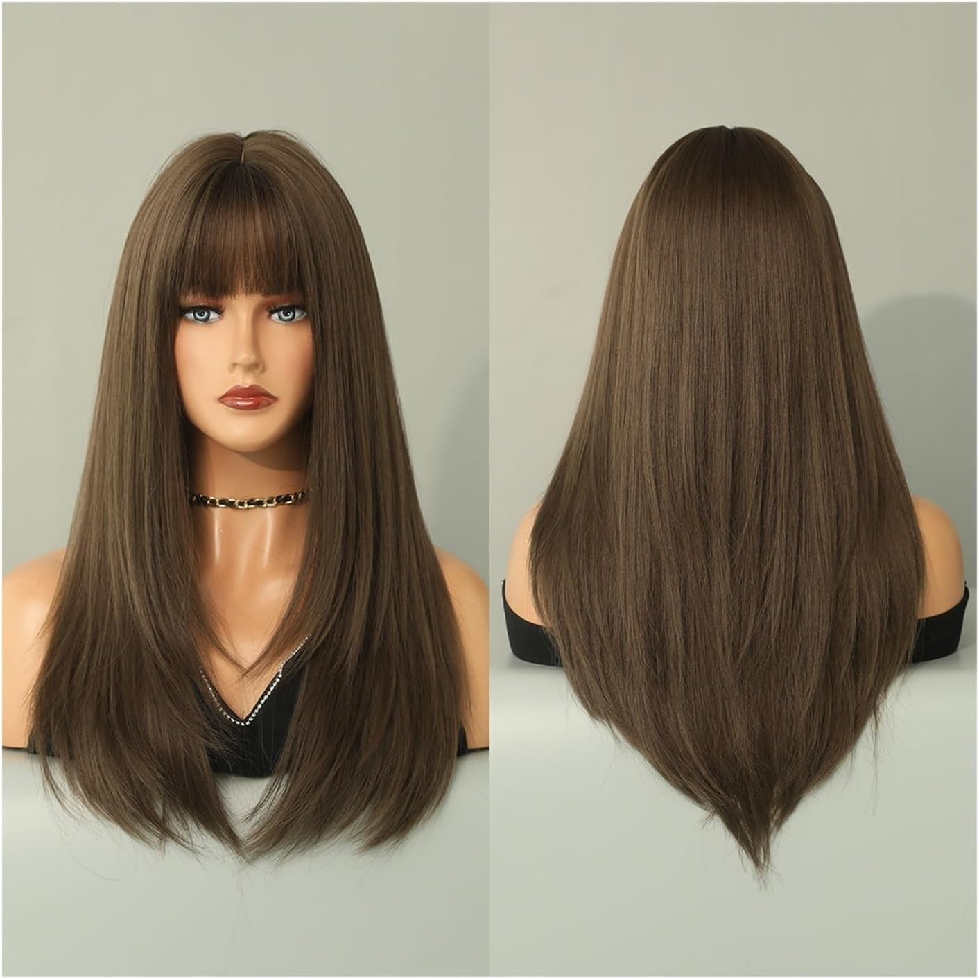 Medium brown Long Straight Dress Up Wig With Bangs Heat Resistant Synthetic Hair