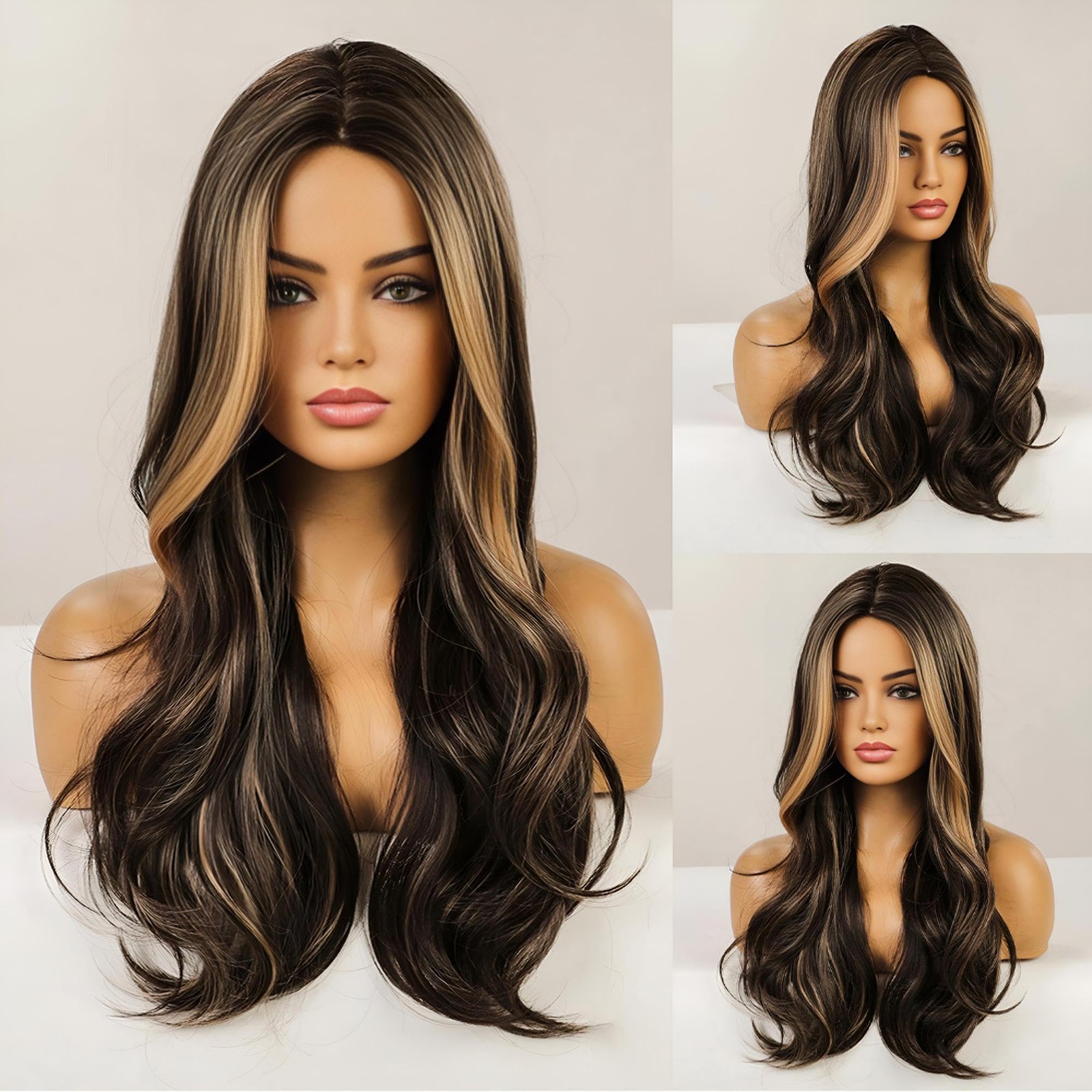 Long Wavy Blonde and Brown Wig for White Black Women, Synthetic Beach Loose B…