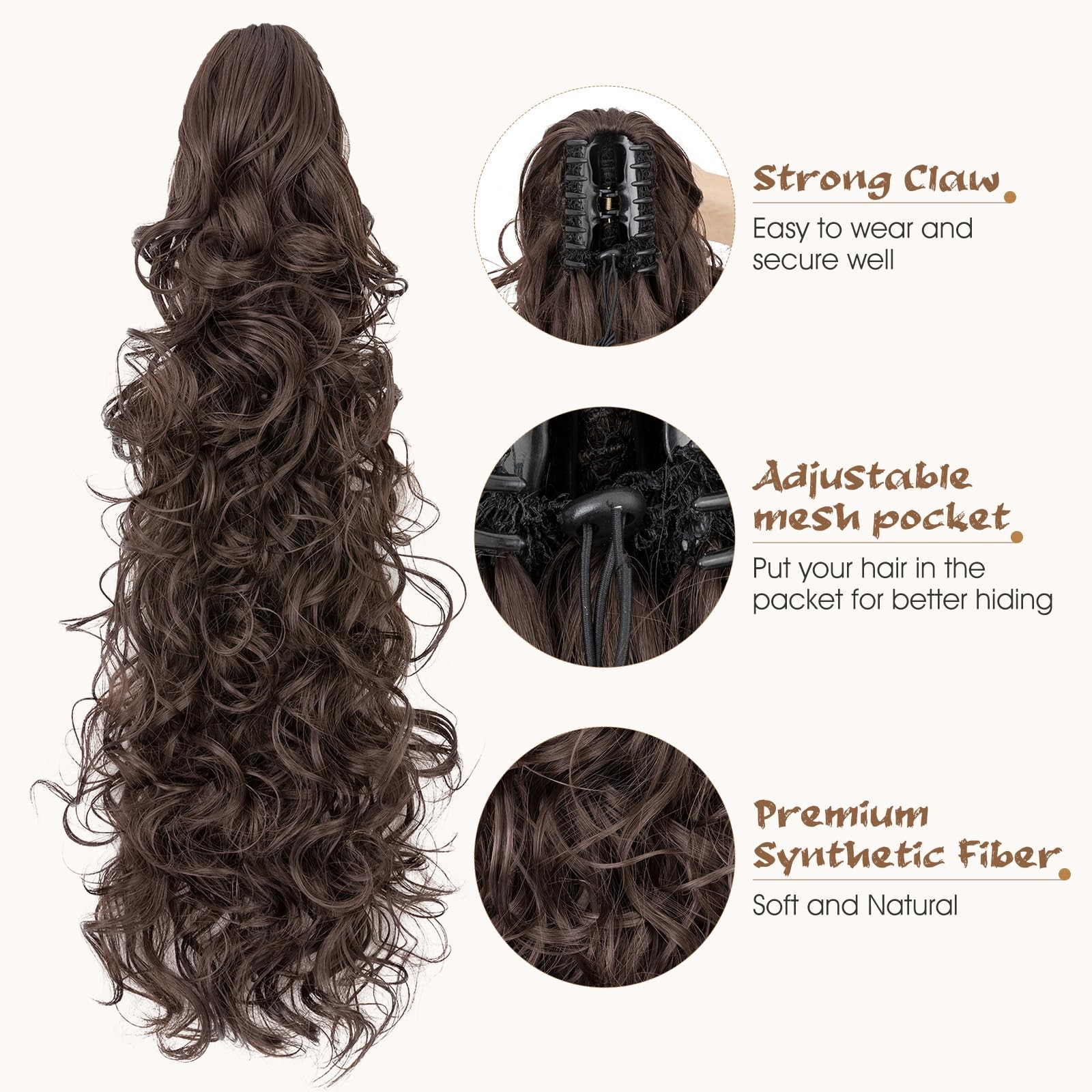MY-LADY Ponytail Extension for Women, 24″ Claw Clip 24 Inch, Medium Brown