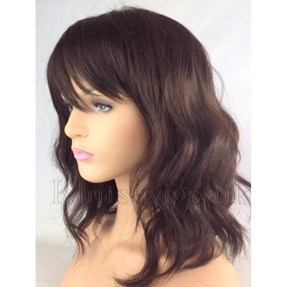 Human Hair New Fashion Elegant Women’s Medium Brown Wavy Wigs 14 In