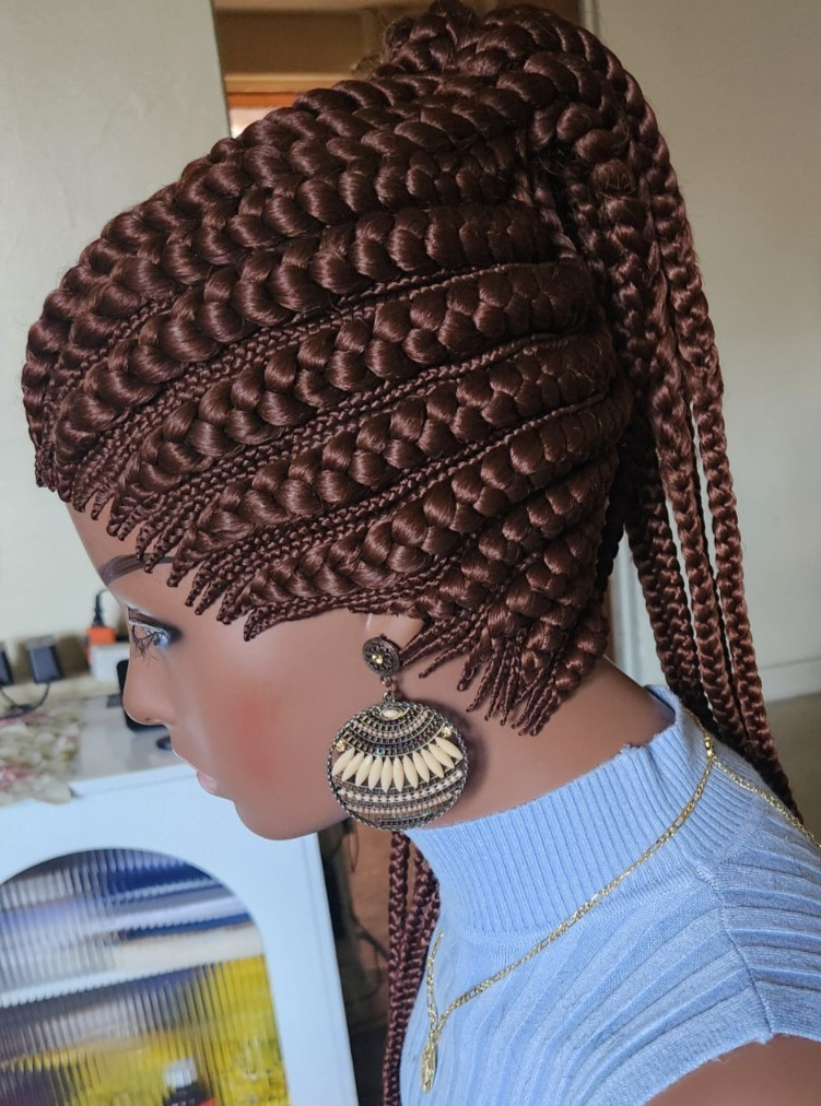 Fully hand braided Ghana banana cornrows wig poney tail libre Dark brown