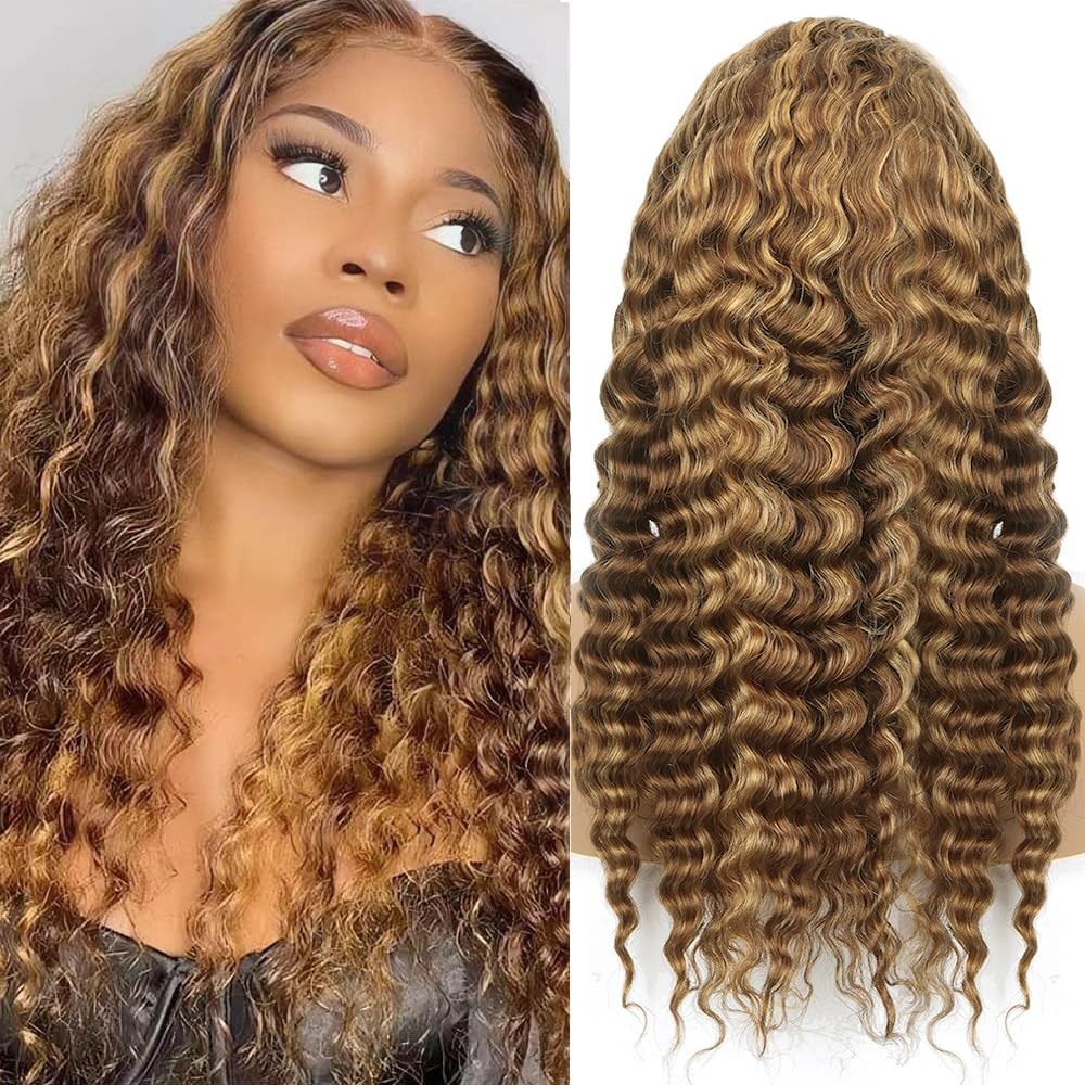 16Inch Highlighted Deep wave Lace Front Wig Human Hair Honey Blonde Highlight…