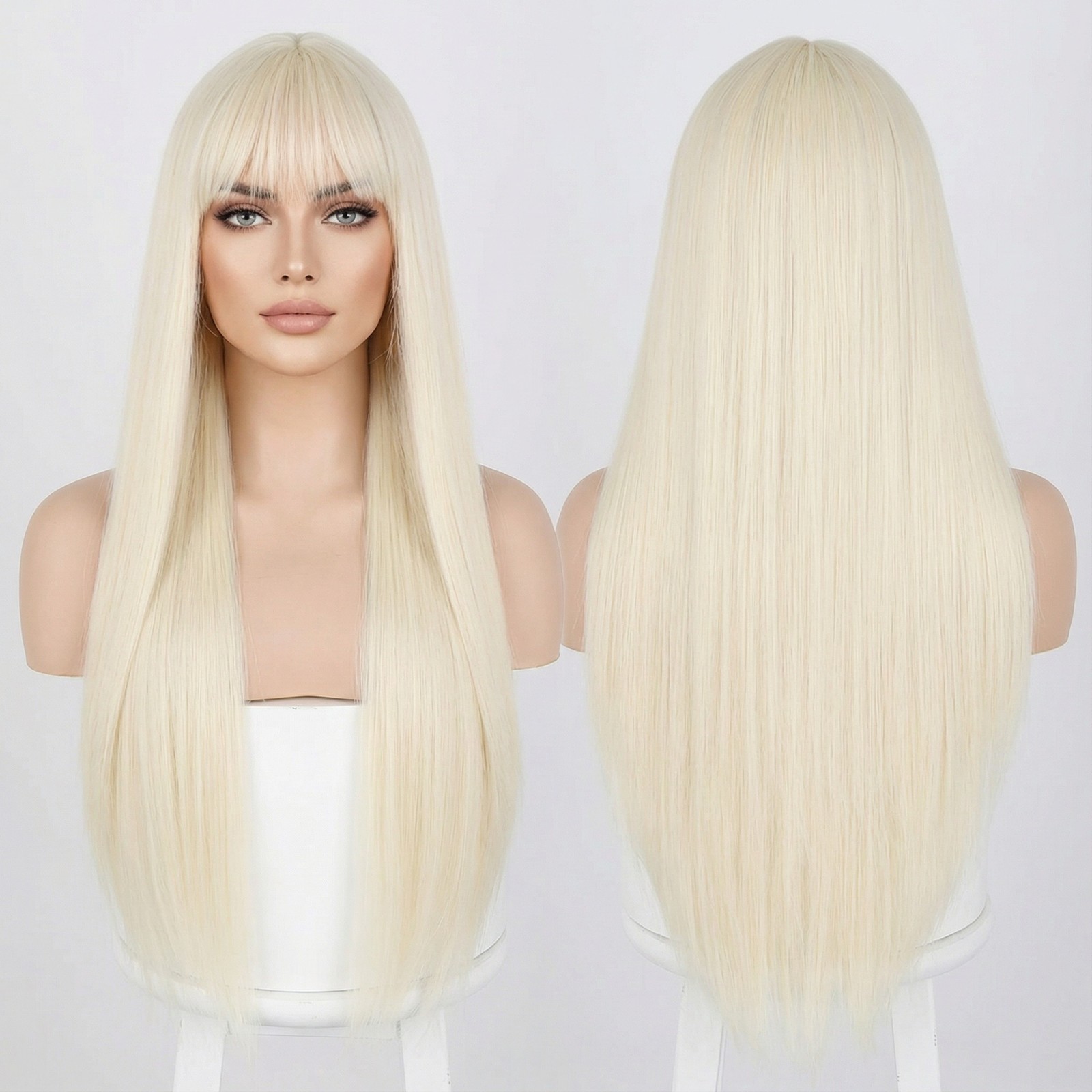 Long Straight Wig With Bangs For Women Multi Color Heat Resistant Synthetic