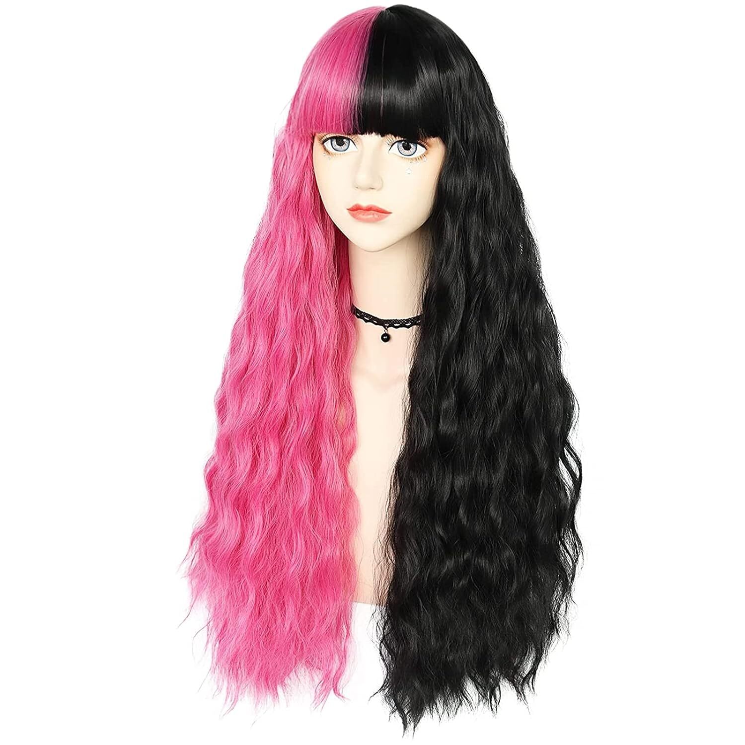 Gorro Para El Cabello+peluca Mitad Rosa Mitad Negra Peluca Ondulada De Cuerp…