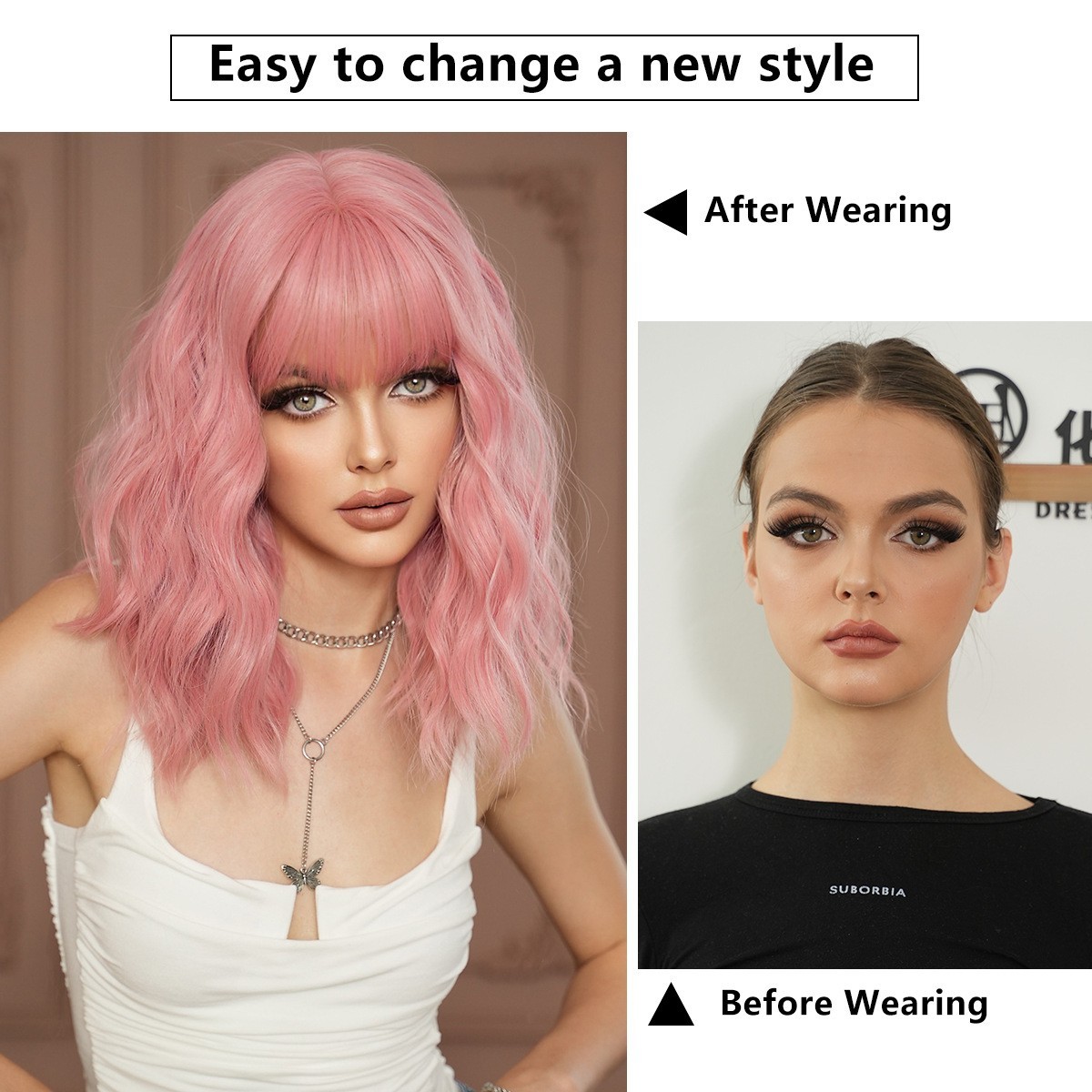 Pink Wavy Wigs With Bangs Short Bob Wavy Wigs for Women Curly Synthetic Cosplay