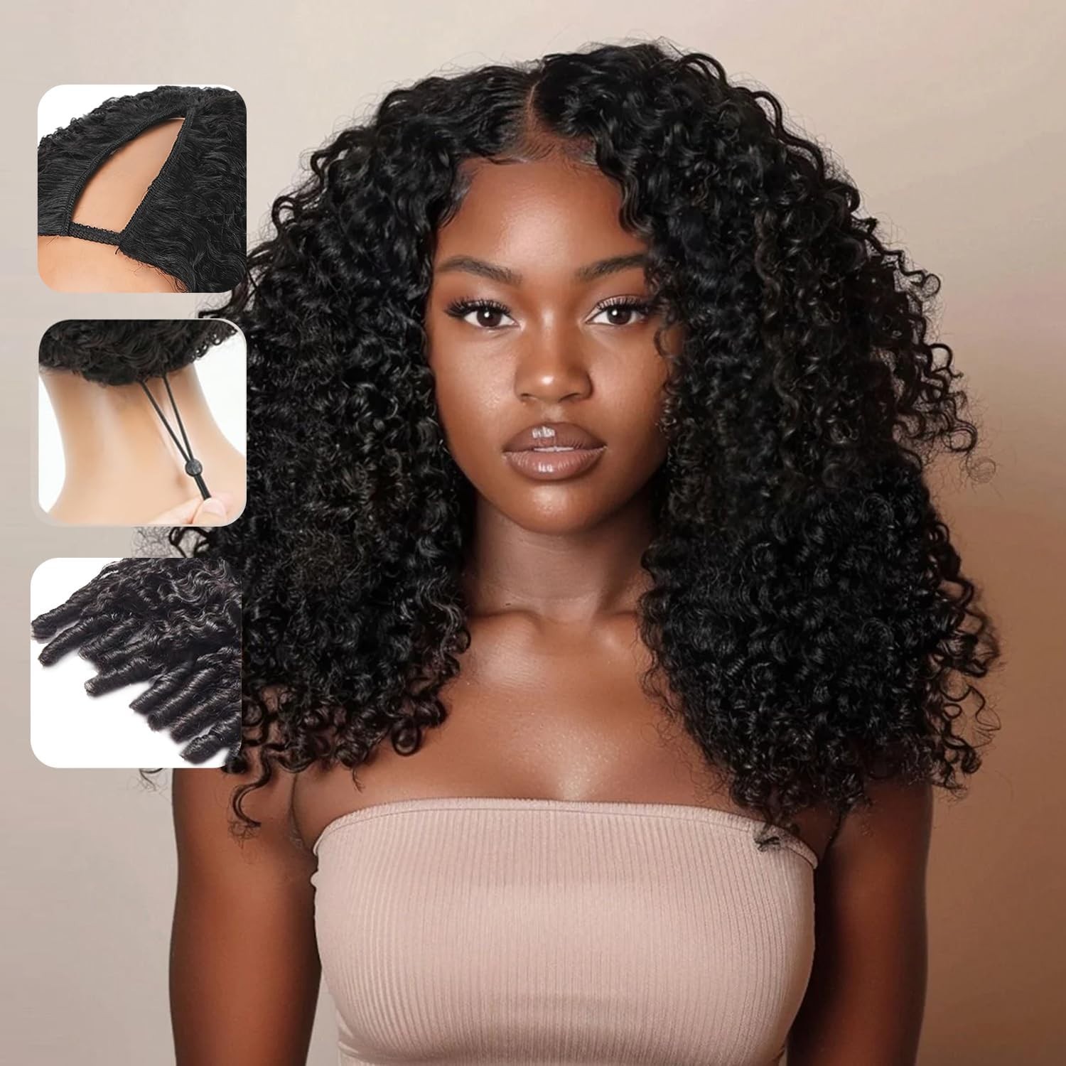 V Part Human Hair Wig Glueless No Leave Out 18″ Burmese Curly Clip-In 200% Densi