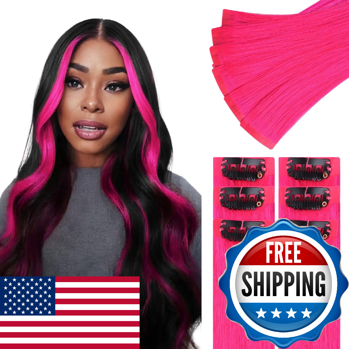IDN BEAUTY Hot Pink Seamless Clip In Human Hair Extensions 24 Inch 40g