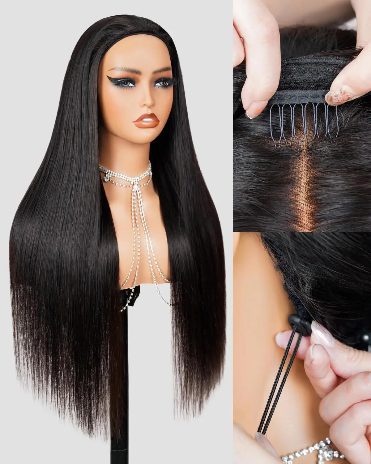 Half wig human hair straight headband wig upgrade 3-in-1half wig with drawstring