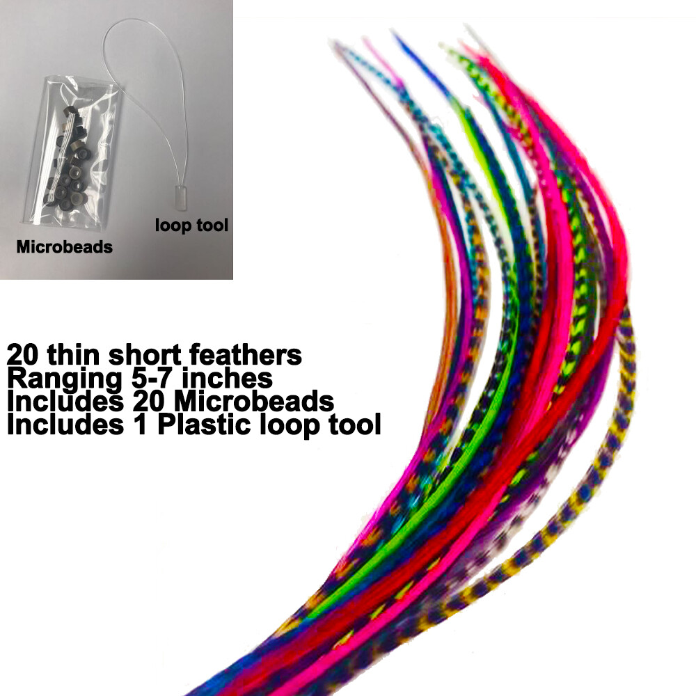 Feather Hair Extensions, 100% Real Rooster Feathers, 20 Short Rainbow Colors kit
