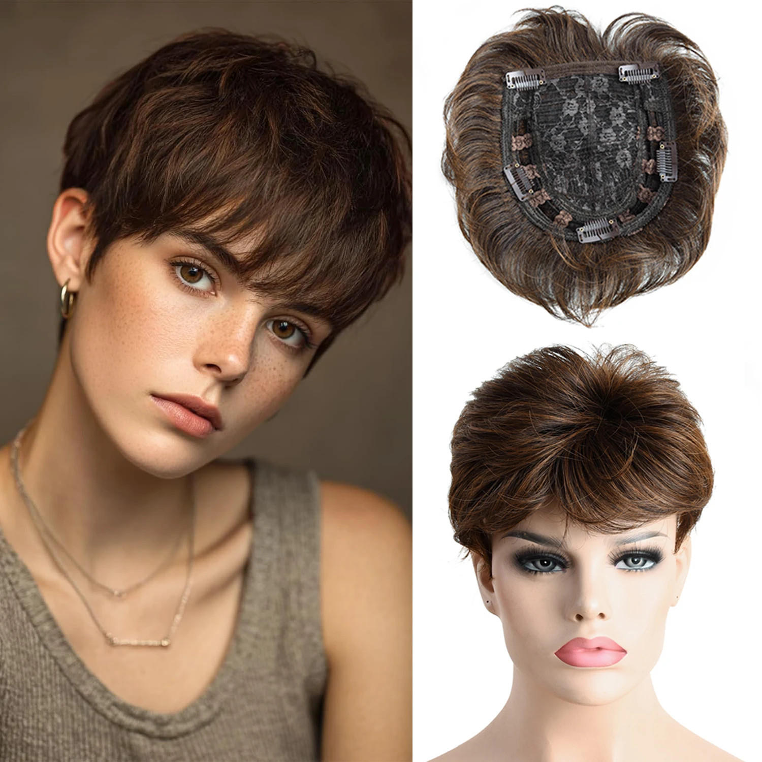 6 Inch Natural Curly Short Pixie Synthetic Hair Topper for Thinning Hair Pieces