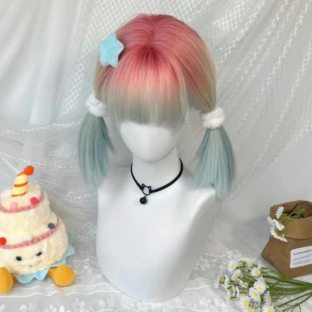 10″ Rainbow Pastel Bob Wig with Bangs Synthetic Gradient Highlights Lolita