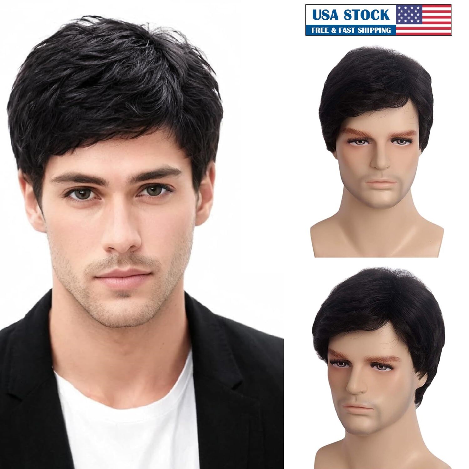 Men’s Short Straight Black Wig Little Wavy Heat Resistant Synthetic Hair Daily