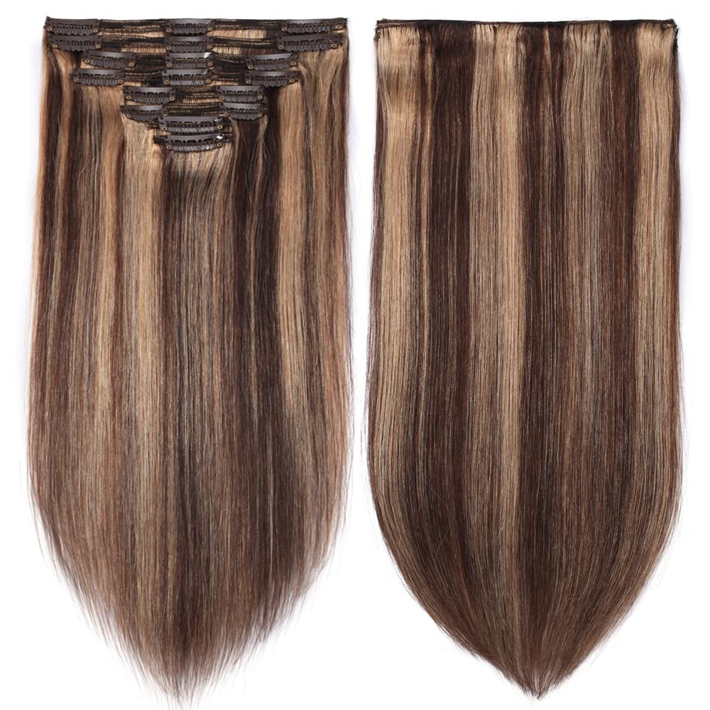 Clip in Hair Extensions 8pcs 120g 14″ #4/27 Medium Brown/Dark Blonde – Double