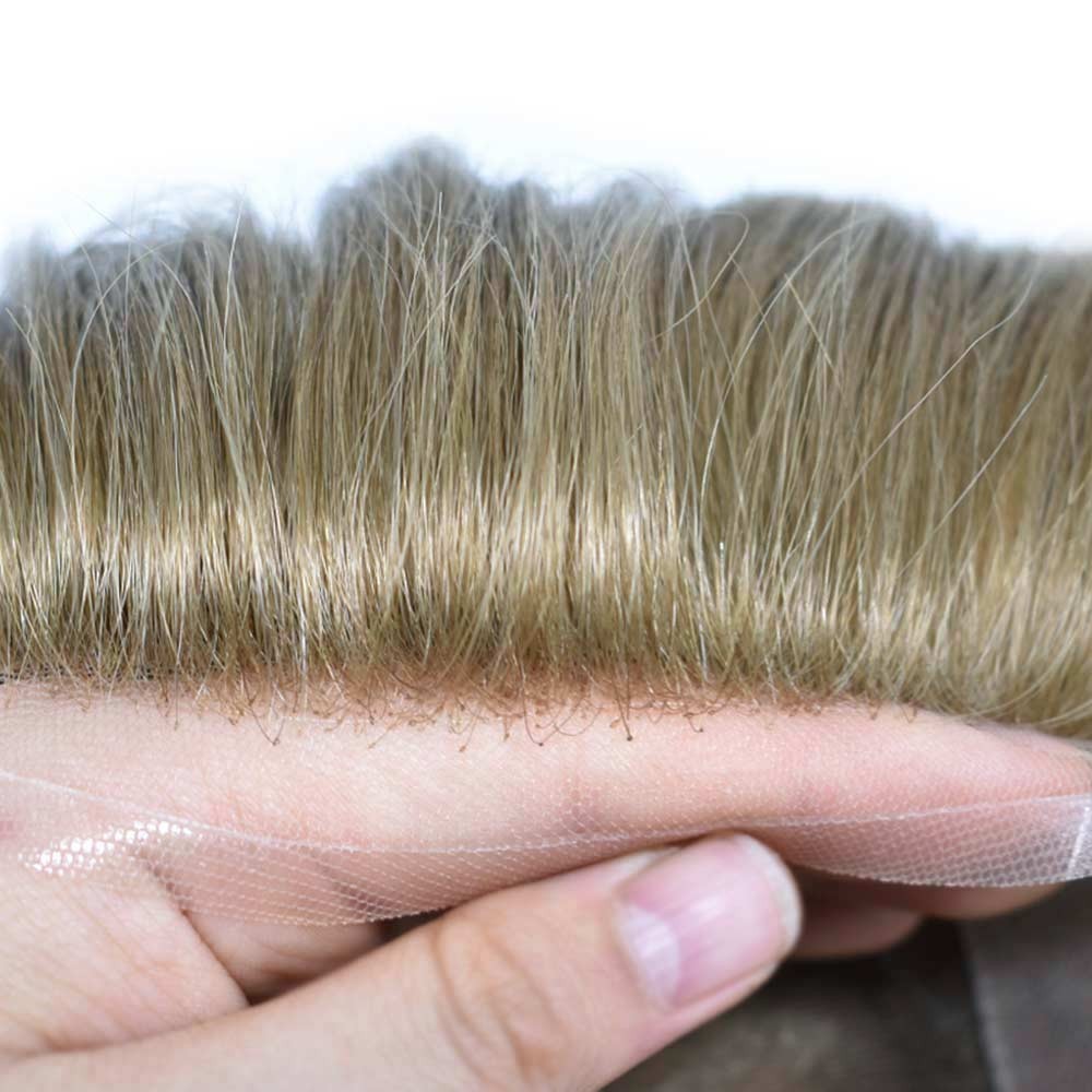 Men Human Hair Replacement Systems French Lace Front Poly Thin Toupee Hairpiece