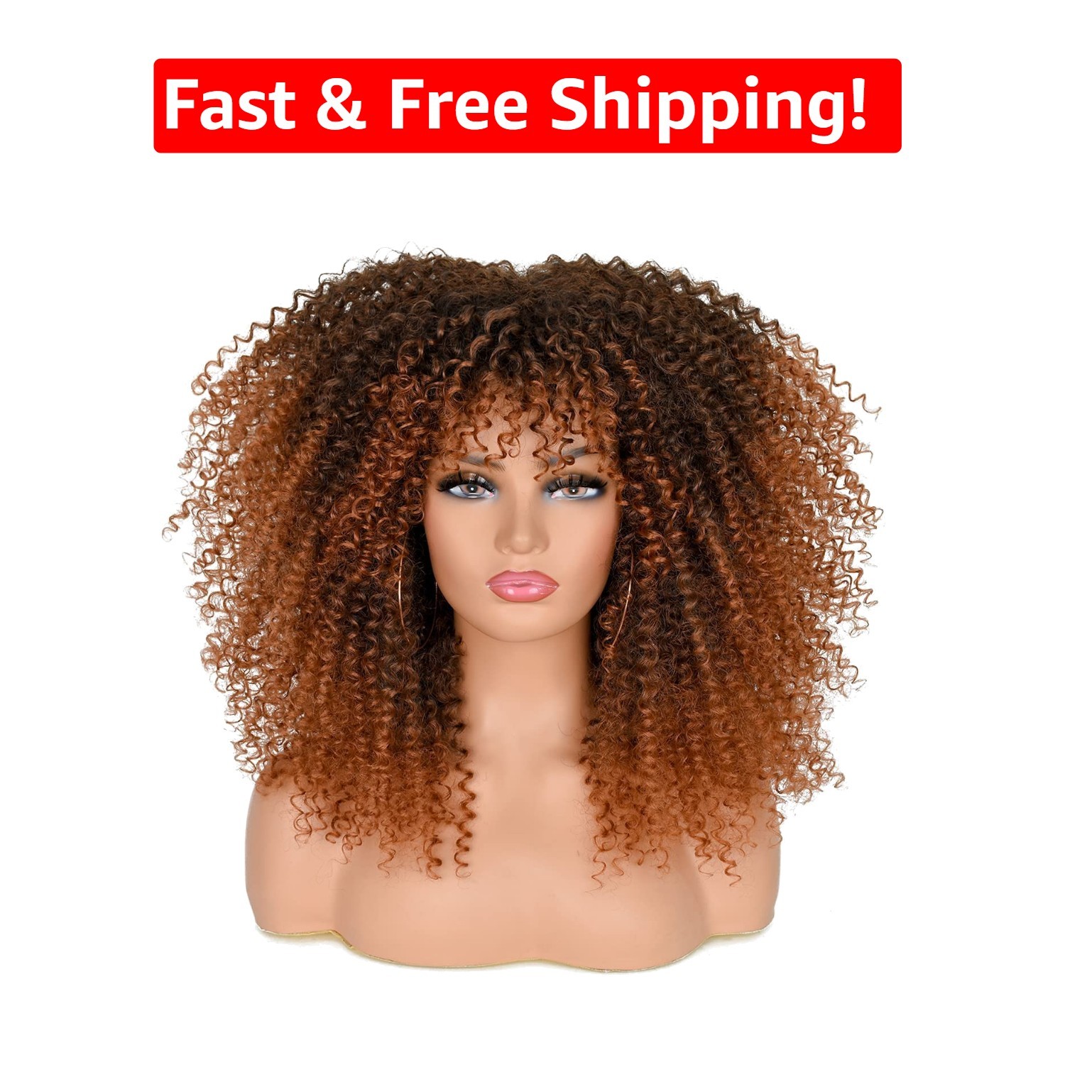 16-Inch Glueless Afro Curly Wig with Bangs – Black to Brown Heat-Resistant Style
