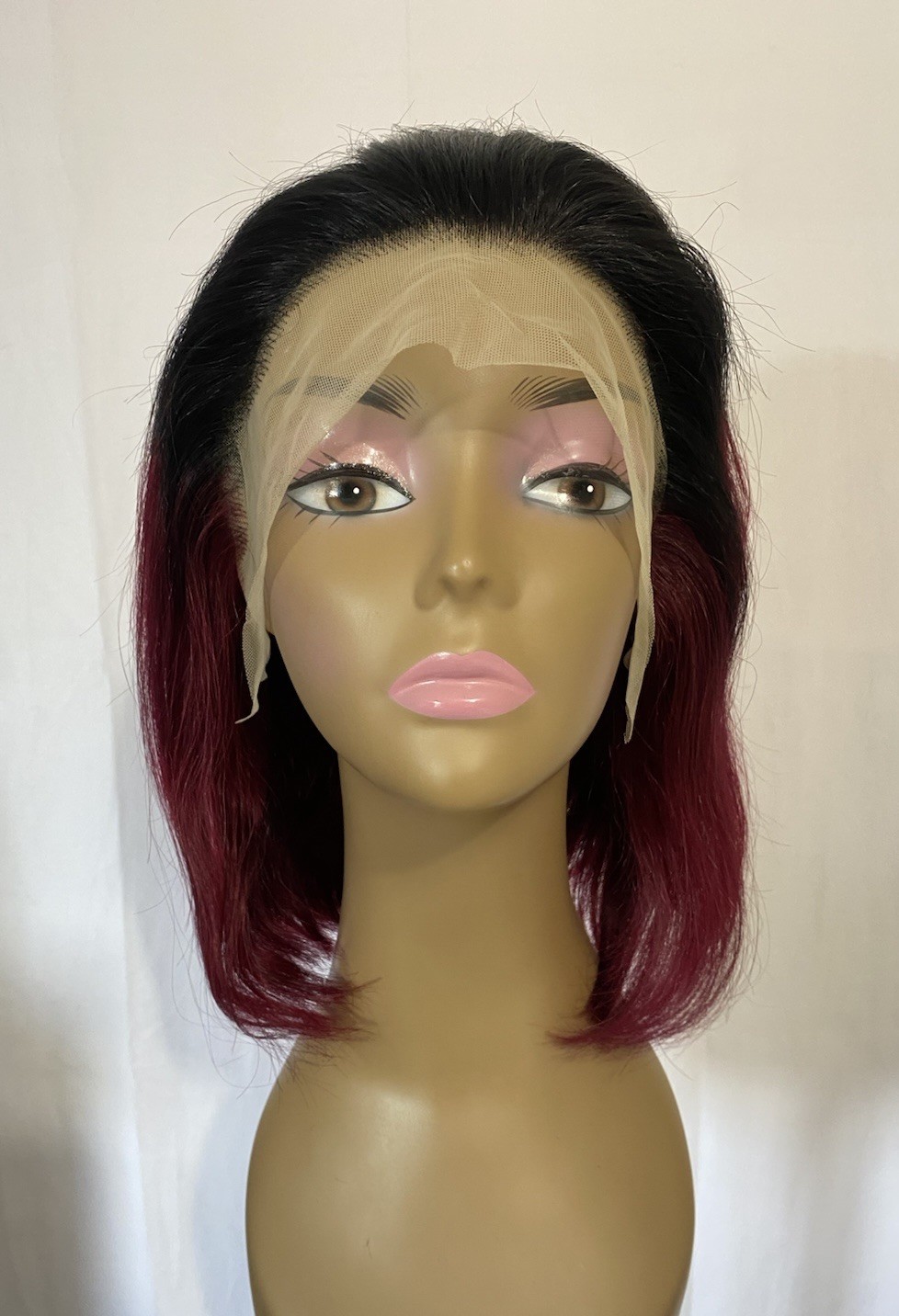 13×4 Lace Front Bob Wig 12” Ombre Burgundy T1B/99J 10A Human Hair Glueless 150%