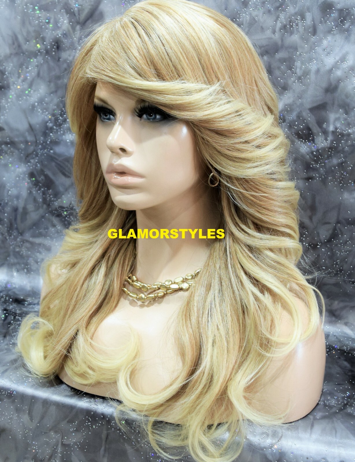 FULL WIG LONG LAYERED WAVY SIDE PART MEDIUM BLONDE MIX HEAT OK #T27.613 NWT