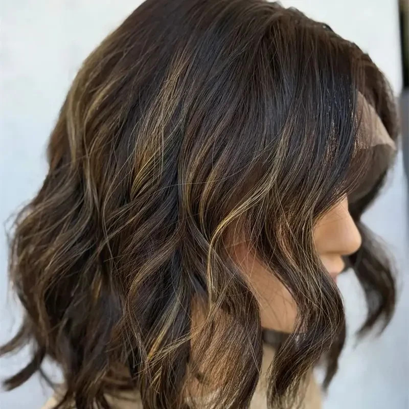 Balayage Caramel Brown Highlight Wave 100% Human Hair Lace Front Wigs