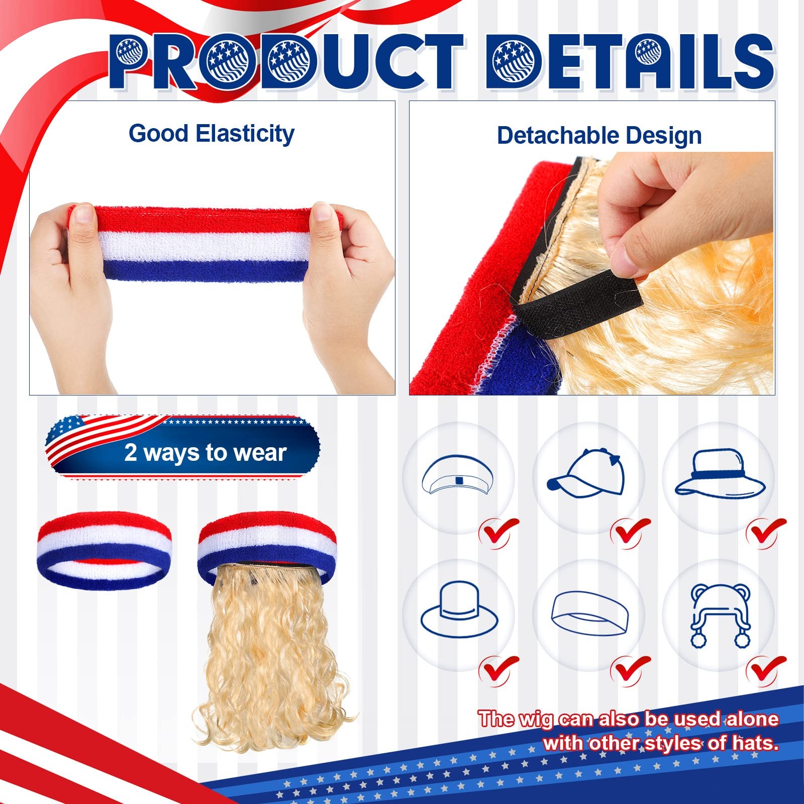 2 Pieces Mullet Wig USA Headband American Flag Style Sports Striped Sweatband…