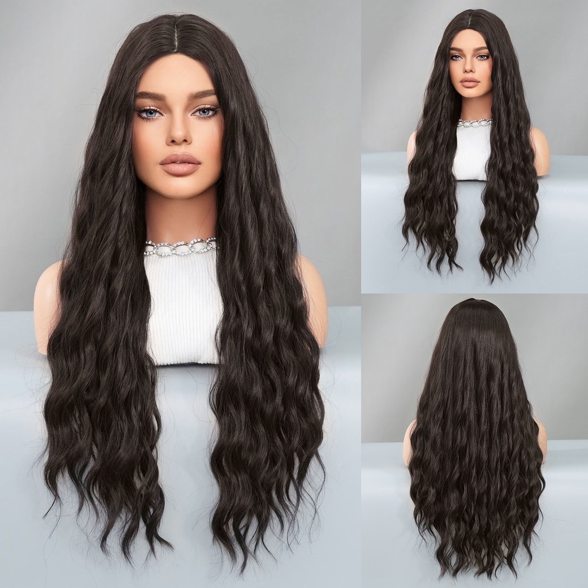Women’s parting colored long wavy hair wig with synthetic fiber hair