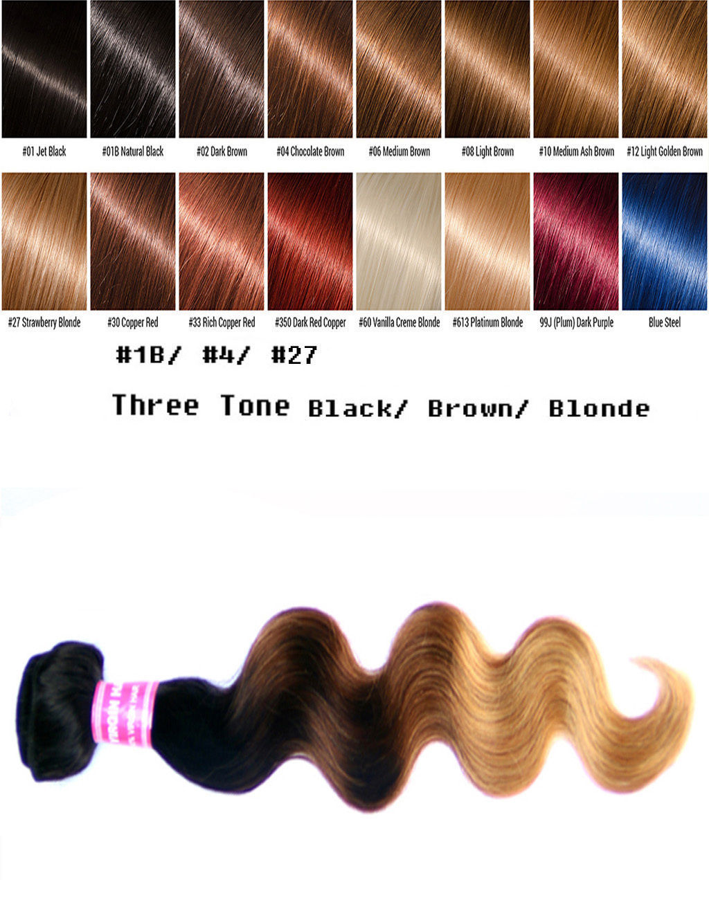 Ombre Black Brown Blonde 1B/4/27 Ali Bundle Human Hair Body Wave 1 Bundle 100g