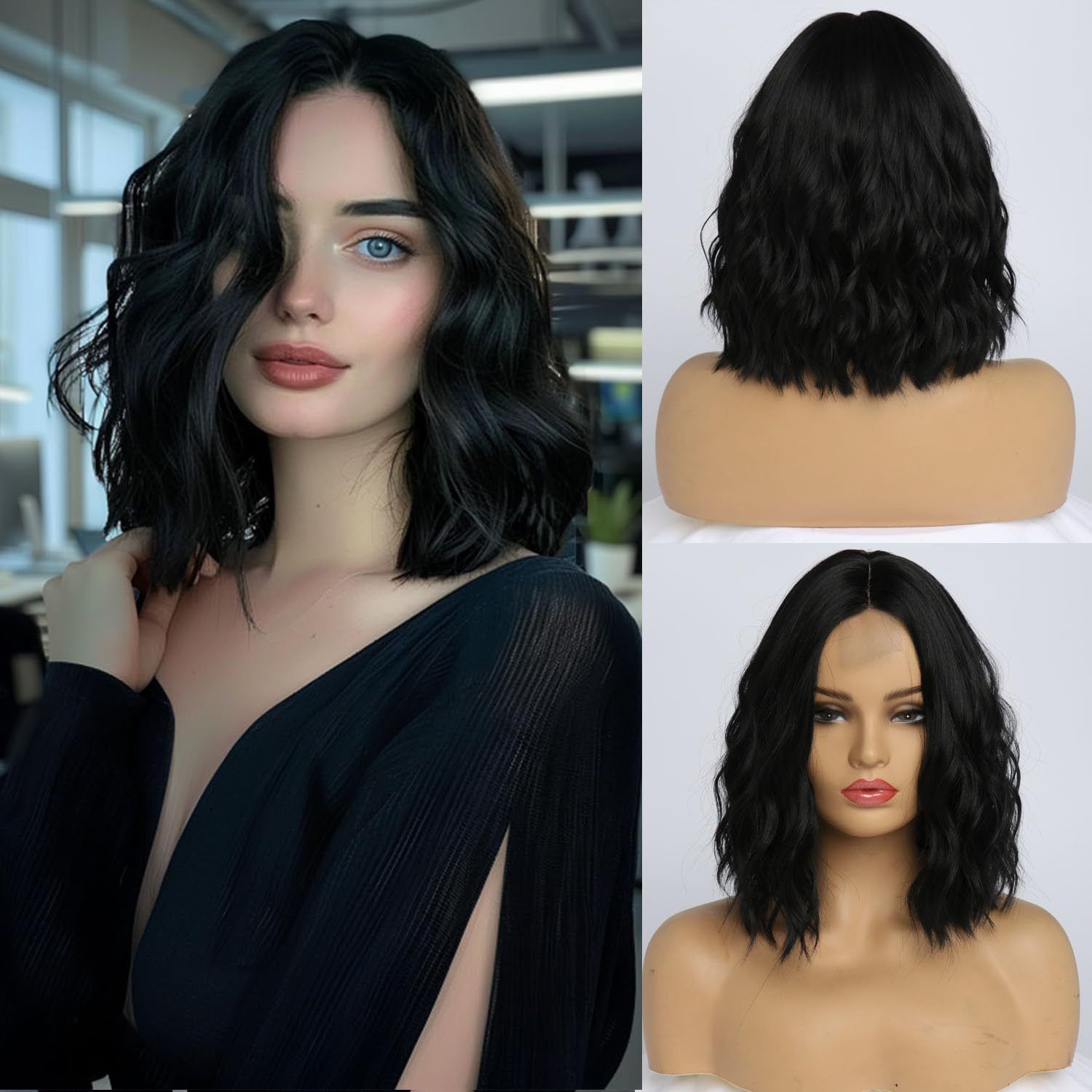 Highlight Water Wave Short Curly Lace Front Wig Heat Resistant Synthetic Wig