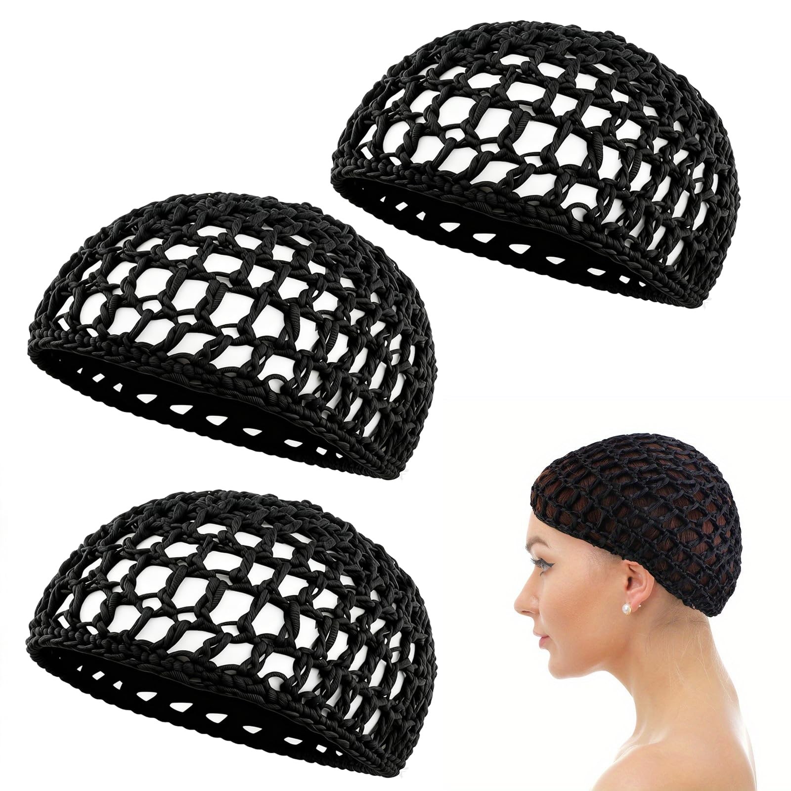 3Pcs Hair Net for Sleeping, Crochet Mesh Wrap Cap and Silk Press Bonnet, Reus…