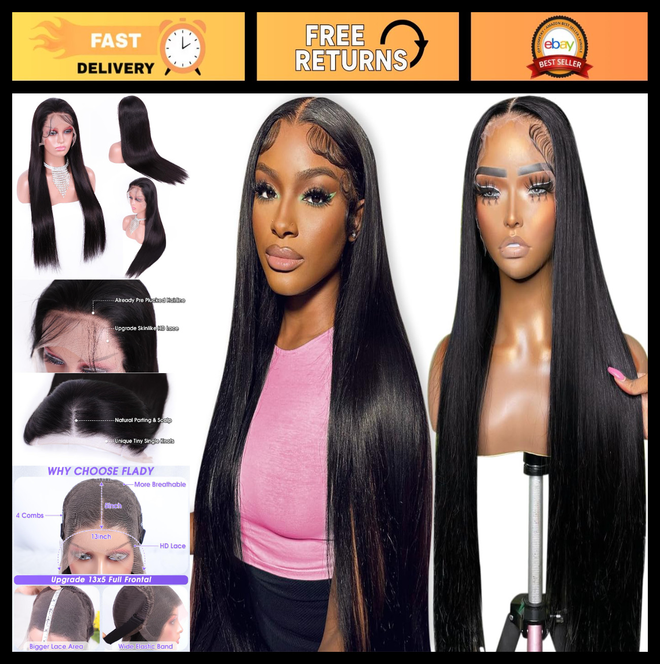 28″ Straight HD Lace Front Wig, Human Hair, Pre-Plucked, 180 Density, Glueless,