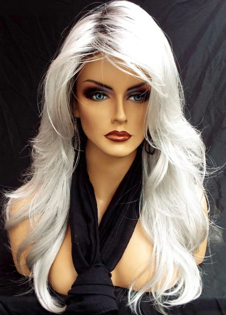 “ANGELICA” DESIGNER WIG ☆ #60 WHITE ROOTED ILLUMINA R LONG FLOWING WAVES SEXY