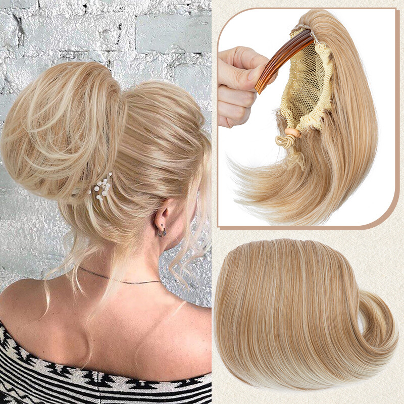 Short Ponytail Bun Hepburn Chignon with Comb Clip Updo Drawstring Hair Extension