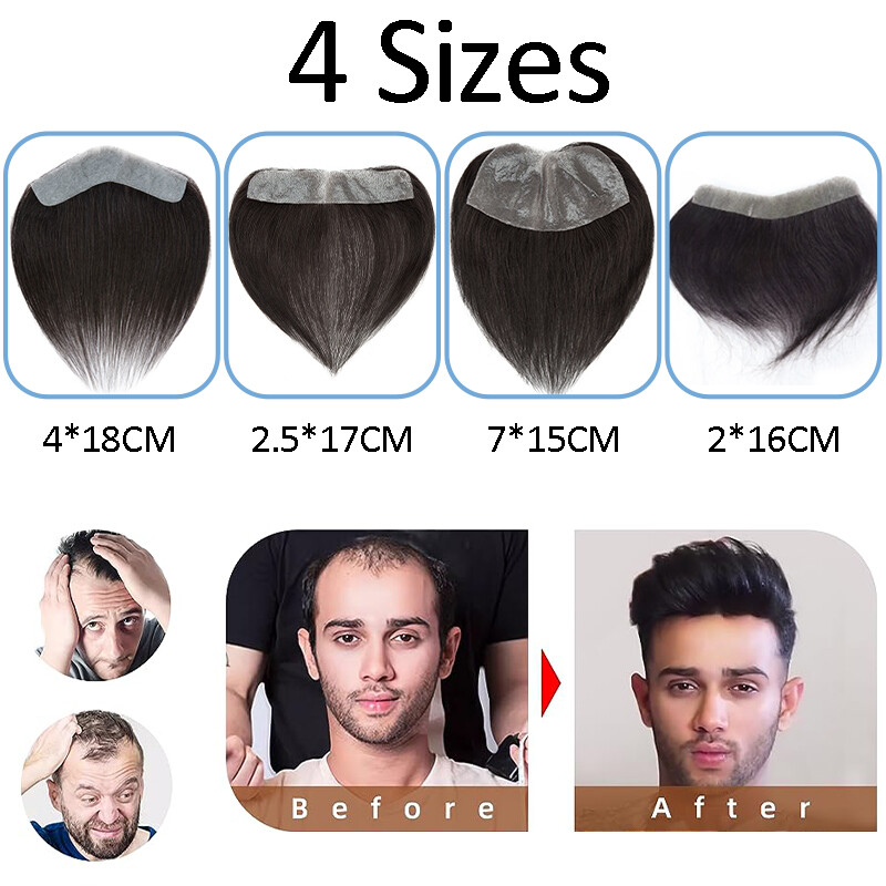 Mens Toupee Thin Skin PU/MONO Real Remy Human Hair Piece Toupee Replacement Wig