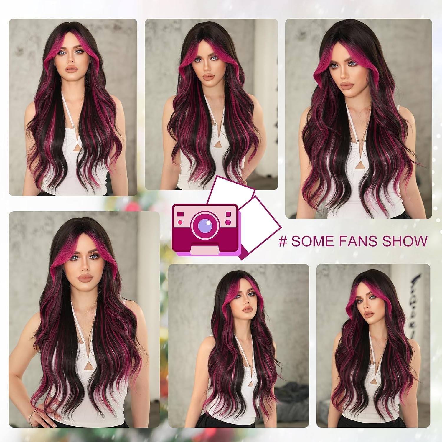 Natural Black Long Wavy Rose Pink Highlight Wigs with Curtain Bangs Natural Part