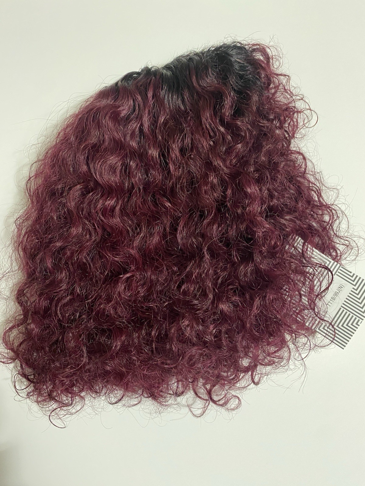 Curly Human Hair Bob Wig with Bangs Ombre Burgundy TT1B/99J Non Lace Glue-Less