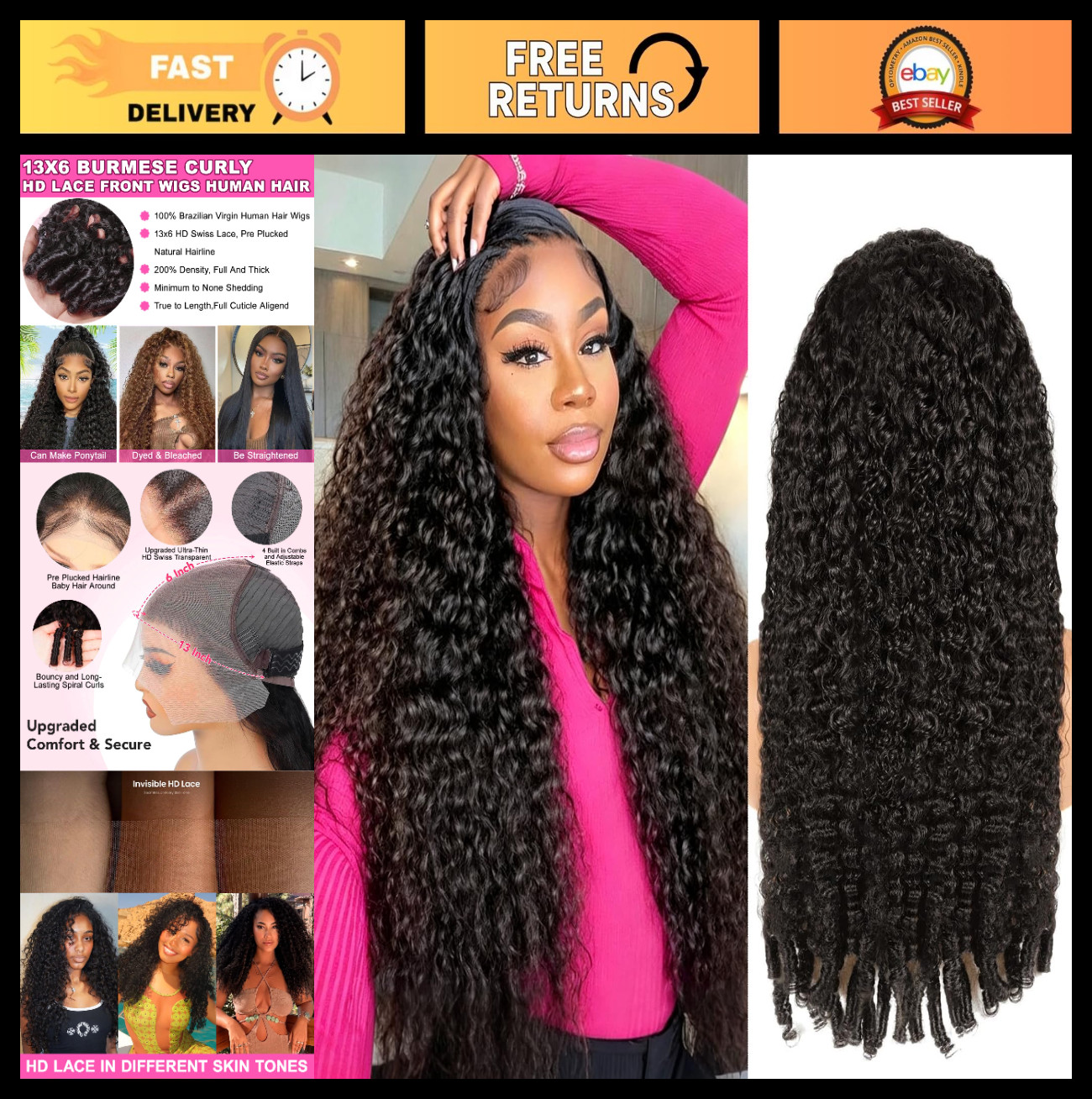 28″ 13×6 HD Transparent Lace Front Human Hair Wig, 200% Density, Burmese Curly,