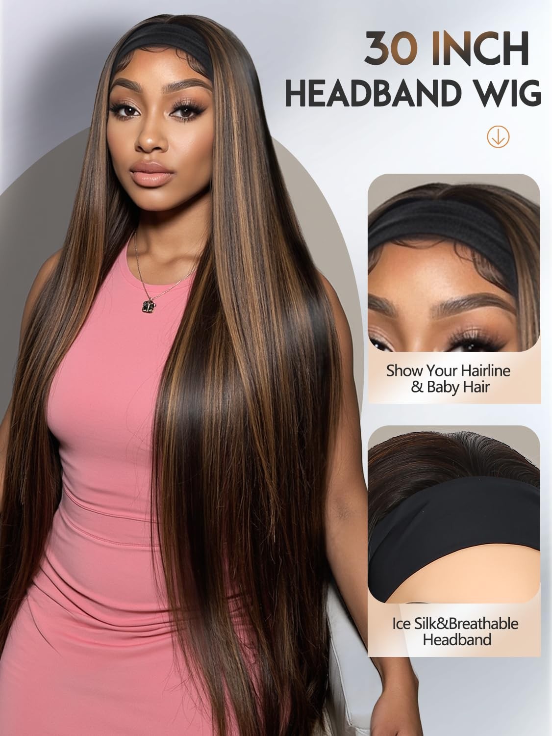 Highlight Headband Wigs for Black Women 30 inch Mixed Brown Straight Half Wig…