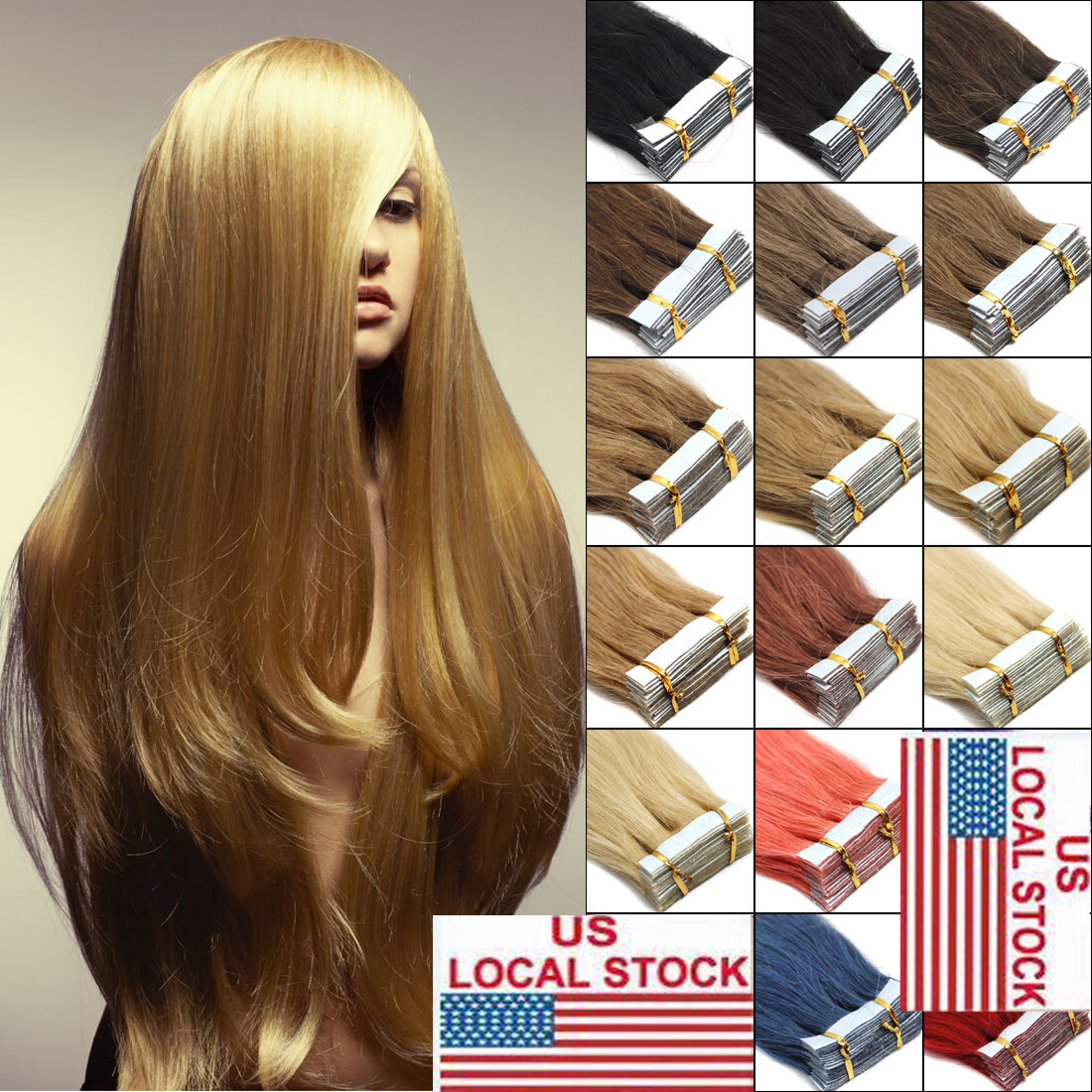 Seamless Tape in Hair Extensions Skin Weft Remy Human Hair Highlight OmbreBlonde